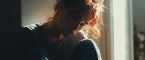 Young woman sits on floor of her apartment feeling sad, with soft light illuminating her features and creating contemplative atmosphere