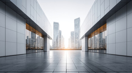Modern urban plaza with sleek architecture and cityscape vista.