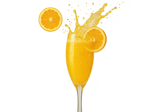 Fresh orange juice splashing with slice and citrus fruit in champagne glass, refreshing summer drink on transparent background