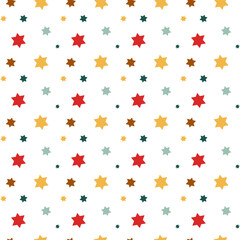 Minimalist flat style seamless pattern with red, gold, green, and mint stars on white background. Vector festive holiday print