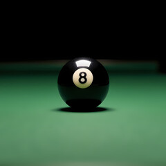 Close-up view of an 8-ball on green felt, soft shadows, and a calm empty setting