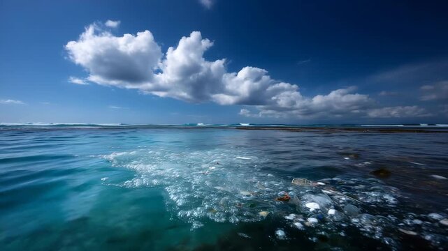 4k Large patch of floating ocean garbage swirling across turquoise water, dense mix of microplastics, bottles, wrappers, debris, polluted sea surface, dramatic