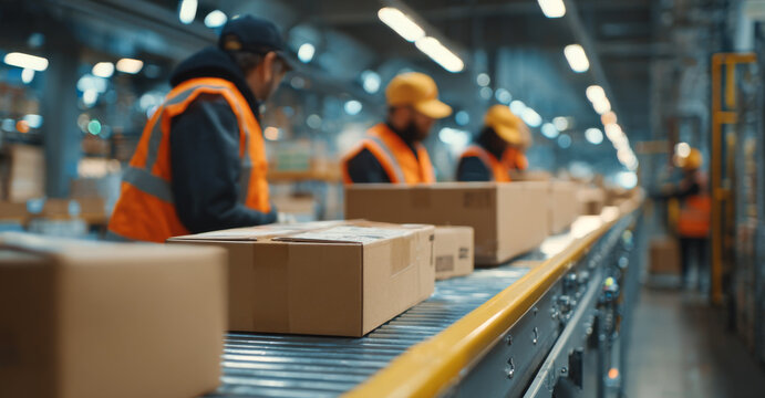 Efficient warehouse workers in safety vests organize packages on conveyor belt, showcasing teamwork and productivity in busy environment