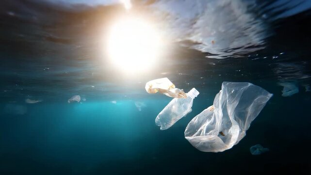 dramatic underwater scene showing various plastic waste items floating in the ocean, illuminated by bright sunlight from above. Crumpled plastic bottles 4kk