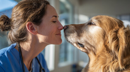 Veterinarian in blue scrubs shares tender moment with golden retriever, showcasing bond between humans and animals