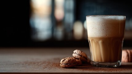 Cozy coffee break with foamy latte and macarons on a dusted counter