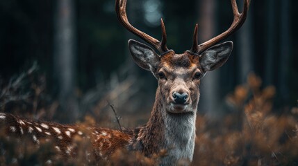 Majestic fallow deer portrait in the forest with its impressive antlers