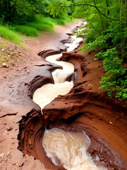 A muddy, fast-flowing stream carves its way through a lush green forest, with severely eroded banks revealing exposed soil and tree roots.