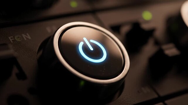 Close-up of a vibrant blue glowing power button on a modern electronic device illuminating against a dark control panel Perfect for tech energy or activation