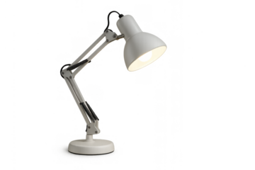 White adjustable desk lamp illuminating workspace, providing task lighting for office and study on transparent background