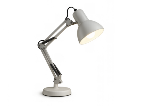 White adjustable desk lamp illuminating workspace, providing task lighting for office and study on transparent background - Powered by Adobe