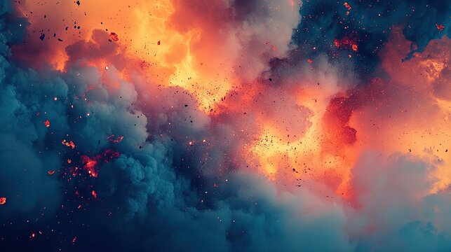 Bright fiery explosion with dark smoke clouds and glowing embers isolated on transparent background png for dramatic effect
