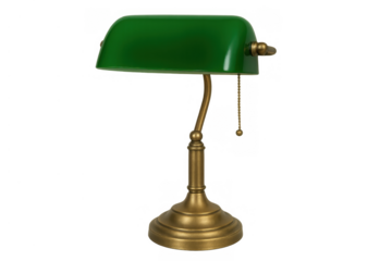 Banker's lamp with green shade and brass base, vintage desk light, classic office item with pull chain, transparent background