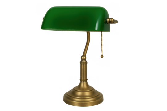 Banker's lamp with green shade and brass base, vintage desk light, classic office item with pull chain, transparent background