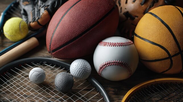 Assorted sports equipment arrangement showcasing athletics and recreation