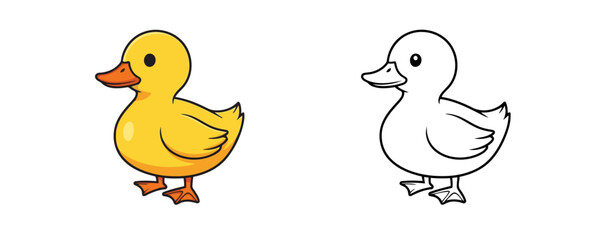 Cute fluffy yellow duckling with an orange beak and webbed feet, presented both in color and as a black and white outline on a white background