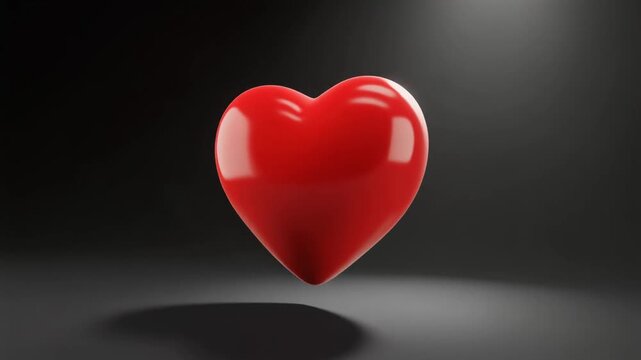 A glossy red heart emoji with glossy finish rotates gracefully in a spotlight against a dark background, symbolizing love.