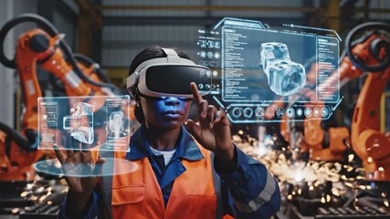 African American Engineer Using VR Headset for Industrial Design and Robotic Arm Control in Modern Factory. - Powered by Adobe