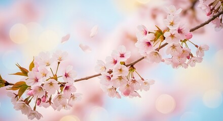Obraz premium A close-up shot of a cherry blossom branch with delicate pink flowers blooming against a soft, blurred background of blue sky and bokeh lights.