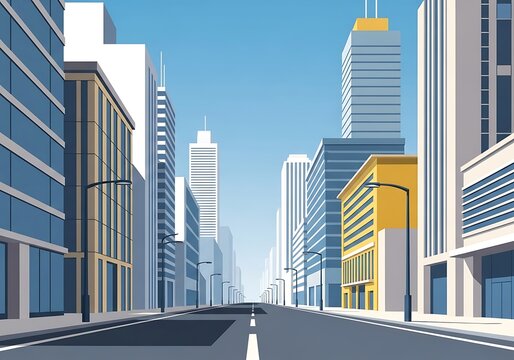Vector illustration of modern cityscape with tall buildings and clear sky creating a sense of urban exploration and