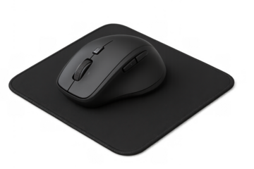 Black wireless computer mouse on a dark mouse pad, essential peripheral for office productivity and modern technology