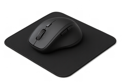 Black wireless computer mouse on a dark mouse pad, essential peripheral for office productivity and modern technology