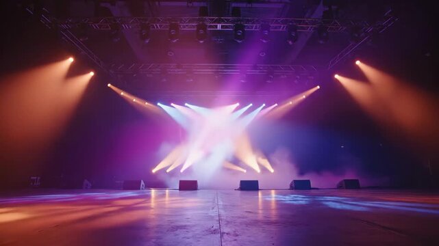 Empty concert stage with vibrant colorful spotlights and smoke ready for a live performance or event. - Powered by Adobe