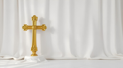Liturgic white velvet, golden Christian Coptic Orthodox Cross. 3D illustration copy space background for worship live stream church sermon. Concept of Epiphany, Paschal season, Theophany, Christmas.