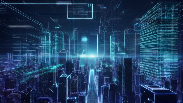 青と紫が混ざるような青い光の回路がきらきらと走り抜けるテクノロジー動画。なめらかでしっとりしたラインが奥行きを生み、未来や革新、進歩への希望を感じさせます