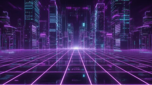 青と紫が混ざるような青い光の回路がきらきらと走り抜けるテクノロジー動画。なめらかでしっとりしたラインが奥行きを生み、未来や革新、進歩への希望を感じさせます