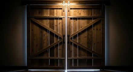 Rustic barn doors with light peeking through crack, mysterious entrance
