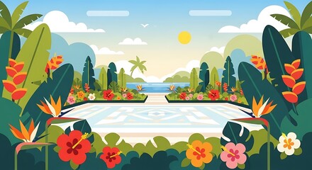 Tropical pool garden with ocean view vector illustration background