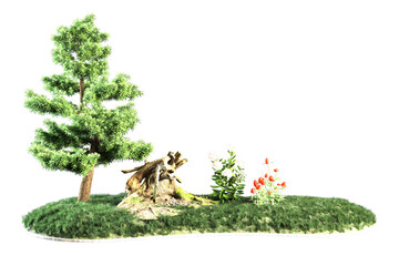 Displays a small grassy landscape with a tree stump and flowers.