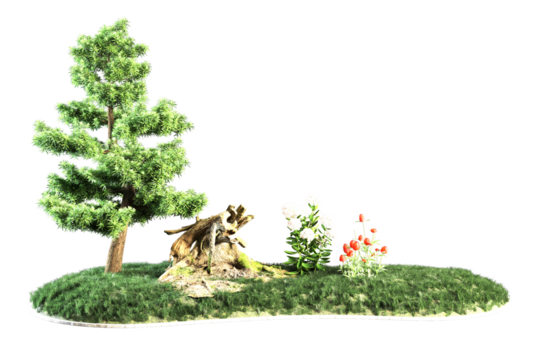 Displays a small grassy landscape with a tree stump and flowers.