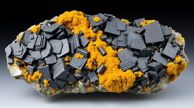 Hematite with goethite displaying metallic black plates and yellow-brown crust