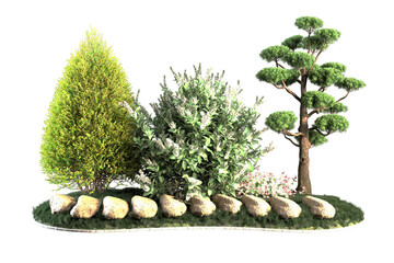 Description of the image in a 12word sentence three plants and a row of rocks are displayed on green grass.