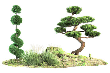Decorative garden scene with two trees and grass.