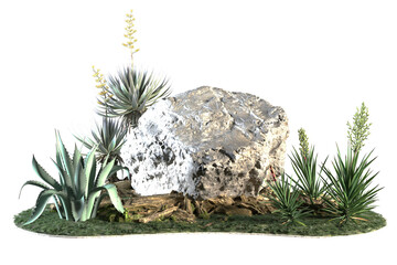 Stone and plants form a desertlike arrangement on some grassy ground.