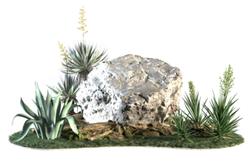 Stone and plants form a desertlike arrangement on some grassy ground.