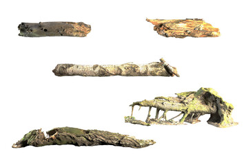 Several pieces of driftwood that could be used as aquarium decorations.