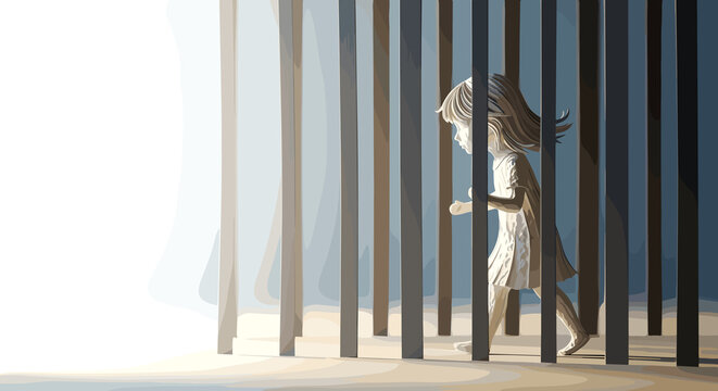 Child stepping out of confinement into the light, symbolic representation of freedom and hope for the International Day for the Abolition of Slavery
