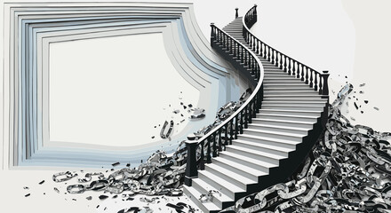 Staircase rising from shattered chains symbolizing freedom and liberation against abstract background for International Day for the Abolition of Slavery