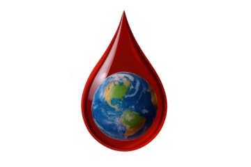 Blood drop forming a globe of earth, symbolizing global health, donation, life, and medical care, transparent background