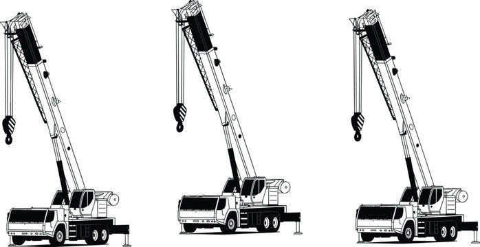 Mobile crane illustration, truck-mounted cranes, boom extension angles, stabilizer outriggers, construction equipment, lifting machinery, industrial vehicle, black and white sketch