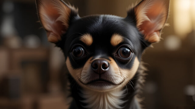 Evil Chihuahua looks into the camera with a displeased expression of the muzzle.