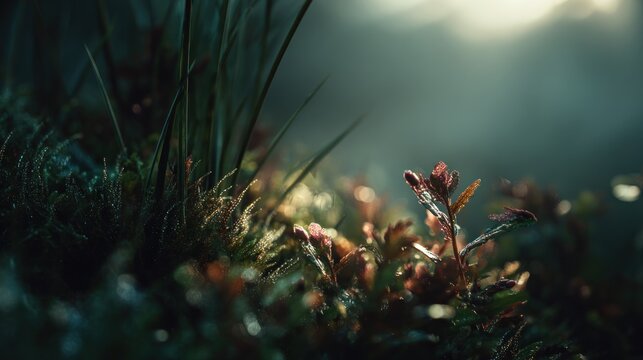 Mystical forest floor with shimmering moss and soft light interplay - Powered by Adobe