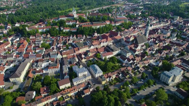 Aerial view around the city Freising in Germany., Bavaria on a sunny afternoon in spring.