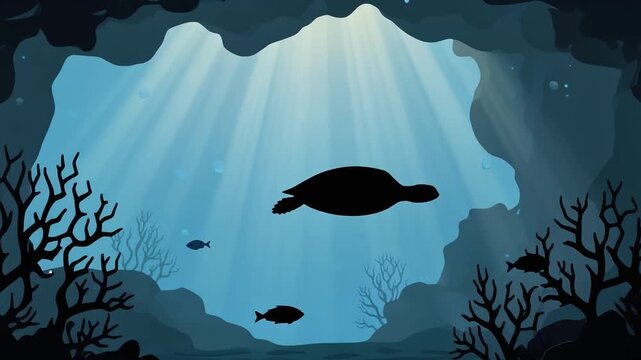 Coral reef sea turtle underwater cave silhouette
