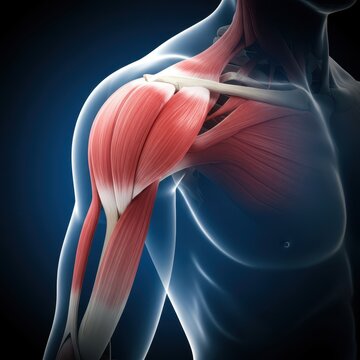 Anatomy close-up view showing the deltoid muscle and the complex skeletal structure of the upper limb joint. Illustrating pain and injury and needing treatment, ailment, ache, strain