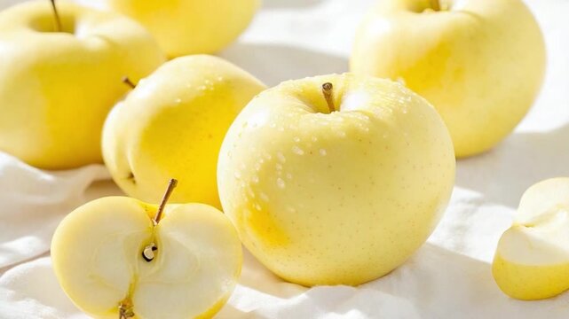 Golden Apples: A close-up shot of several fresh, golden apples, some whole and others sliced, revealing the crisp, juicy interior, the perfect symbol of wholesome nourishment and vibrant flavor.